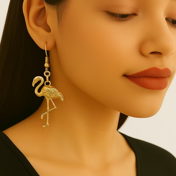 2/$30 Gold Tone Flamingo Drop Dangle Earrings Women’s Tropical Statement Jewelry - Picture 1 of 8